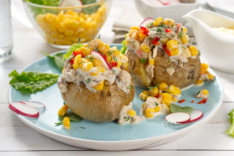 Tuna and Sweetcorn Jacket Potatoes Recipe-Lunch Baked Potato with Tuna and Sweetcorn Mayonnaise Filling
