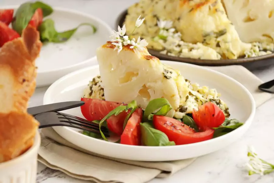 Whole Roast Cauliflower Cheese with Wild Garlic