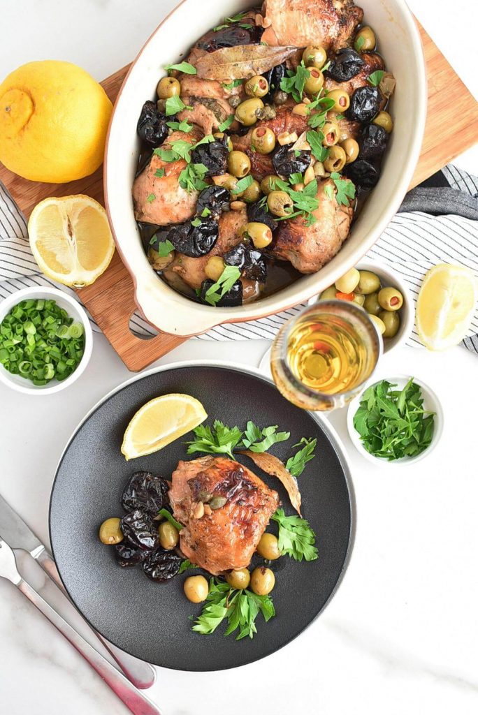 Roasted Chicken, Garlic, Prunes, Olives and Capers