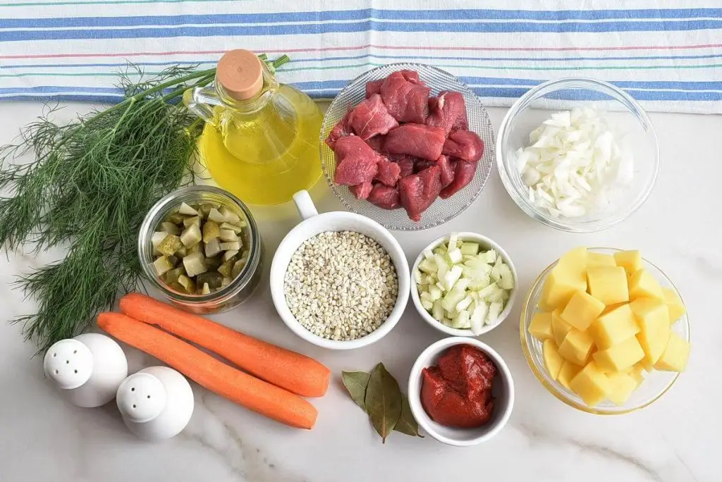 Ingredients for Rassolnik (Beef, Barley and Pickle Soup)