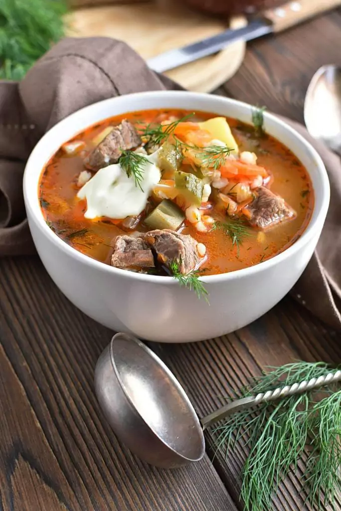 Rassolnik (Beef, Barley and Pickle Soup)