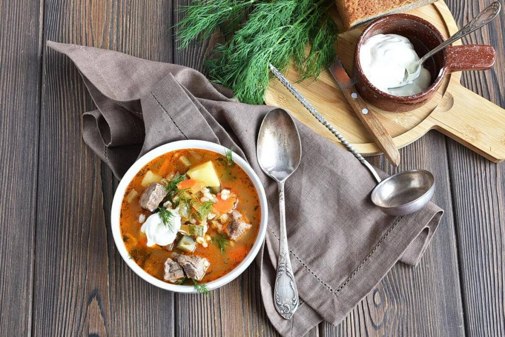 How to serve Rassolnik (Beef, Barley and Pickle Soup)