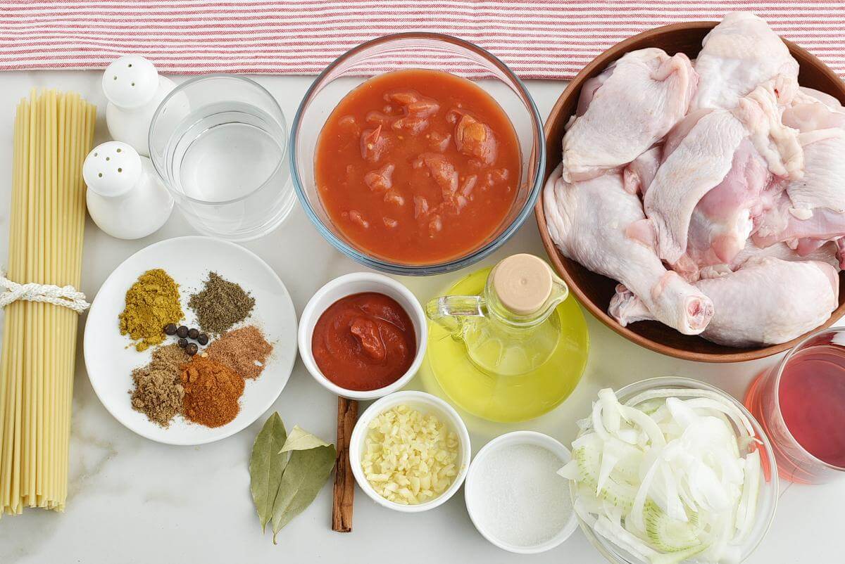 Ingridiens for Greek Corfu Chicken and Bucatini