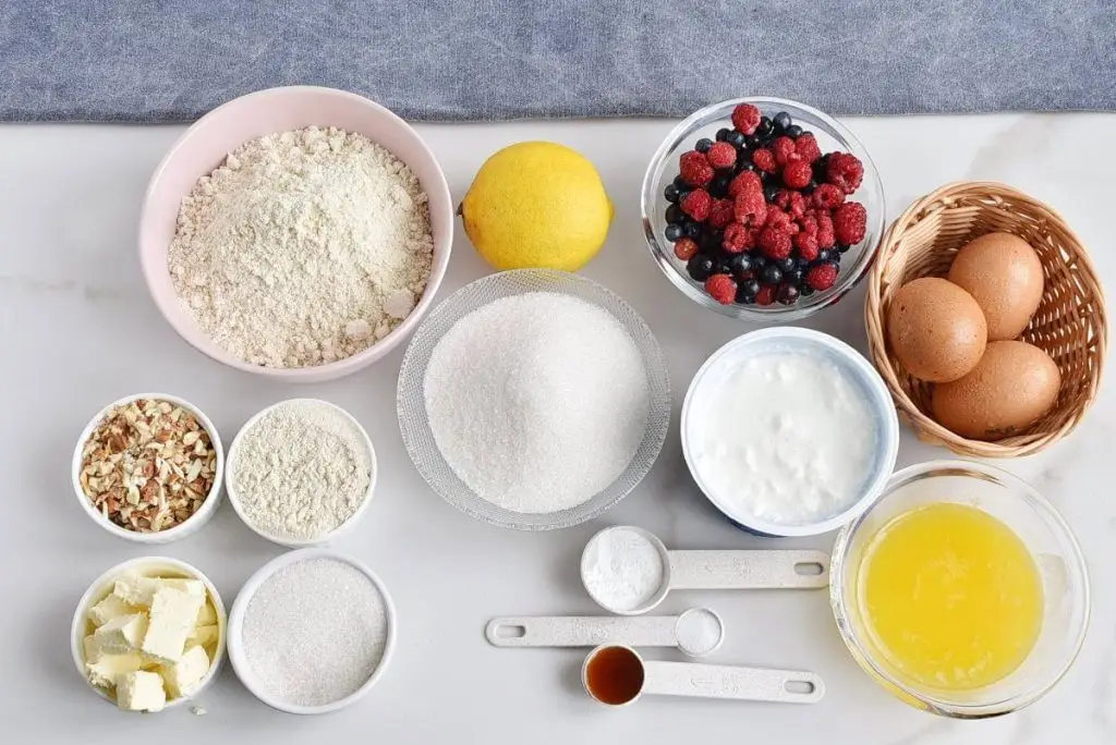 Ingredients for GF Greek Yoghurt Berry Breakfast Cake