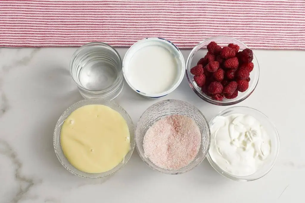 Ingredients for Greek Yogurt Raspberry Jello Dessert