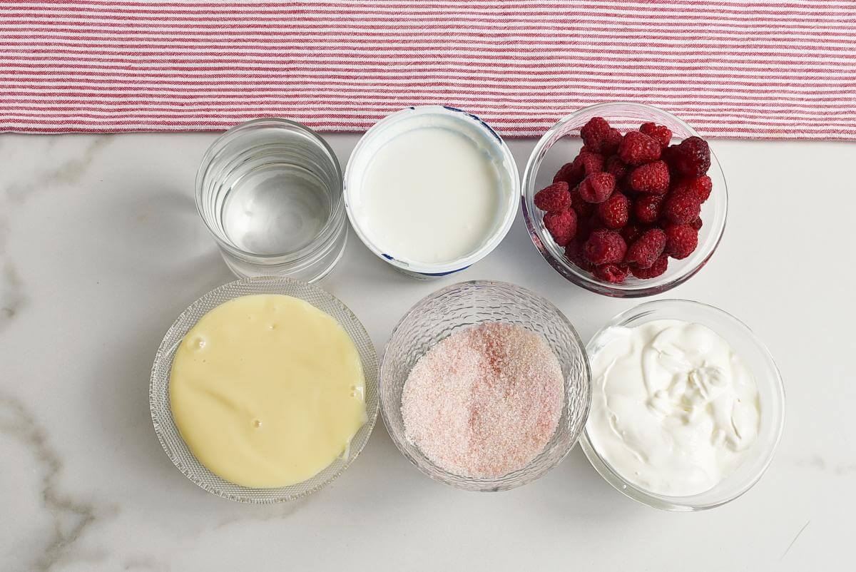 Ingridiens for Greek Yogurt Raspberry Jello Dessert