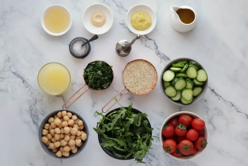 Ingredients for Lemon Chickpea & Quinoa Jar Salads