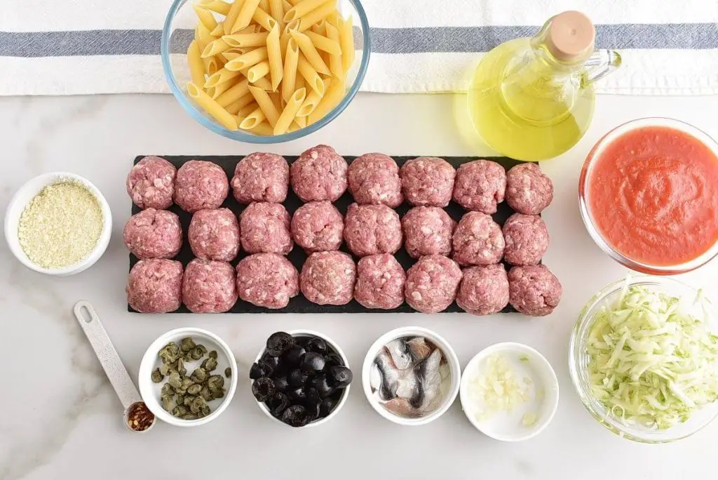 Ingredients for Puttanesca Meatball Bake