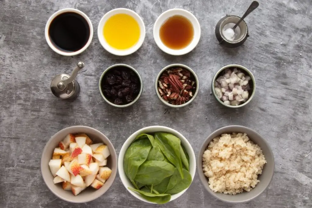 Ingredients for Quinoa, Pear & Spinach Jar Salad