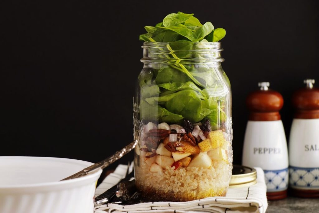 Quinoa, Pear and Spinach Jar Salad Recipe-Easy Salad in a Jar-Vegan Salad in Jar