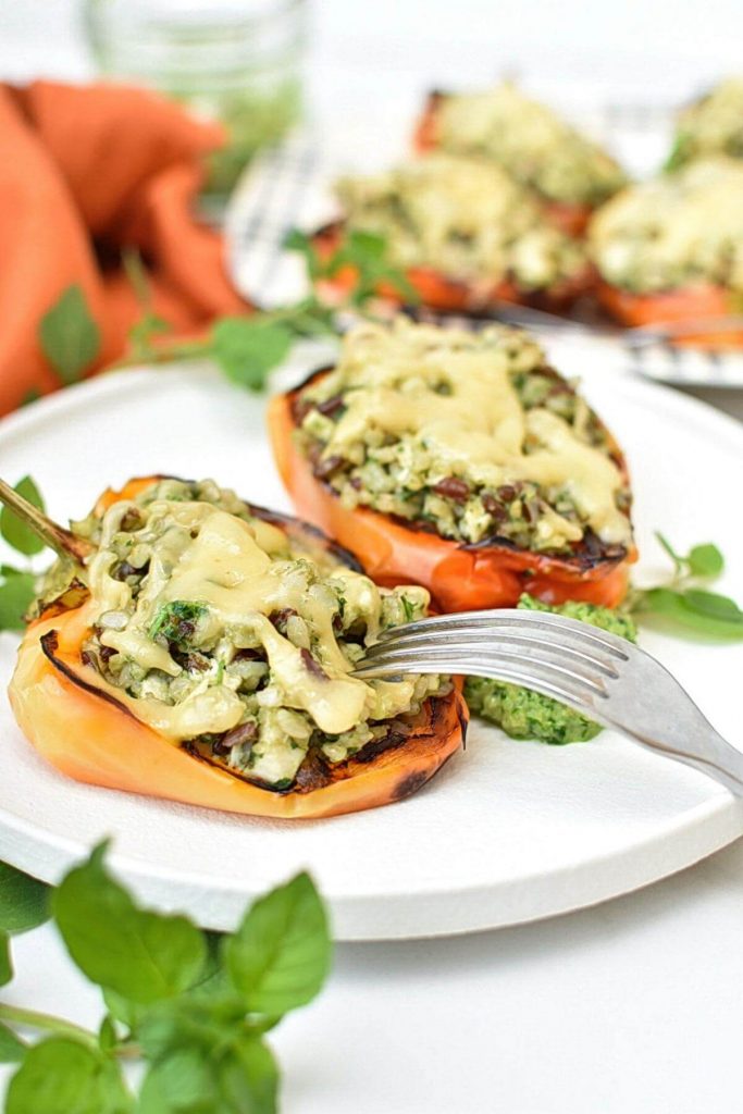 Peppers Stuffed with Chicken, Rice, Pesto and Cheese