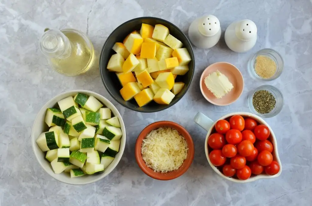 Ingredients for Garlic-Parmesan Zucchini Squash & Tomatoes