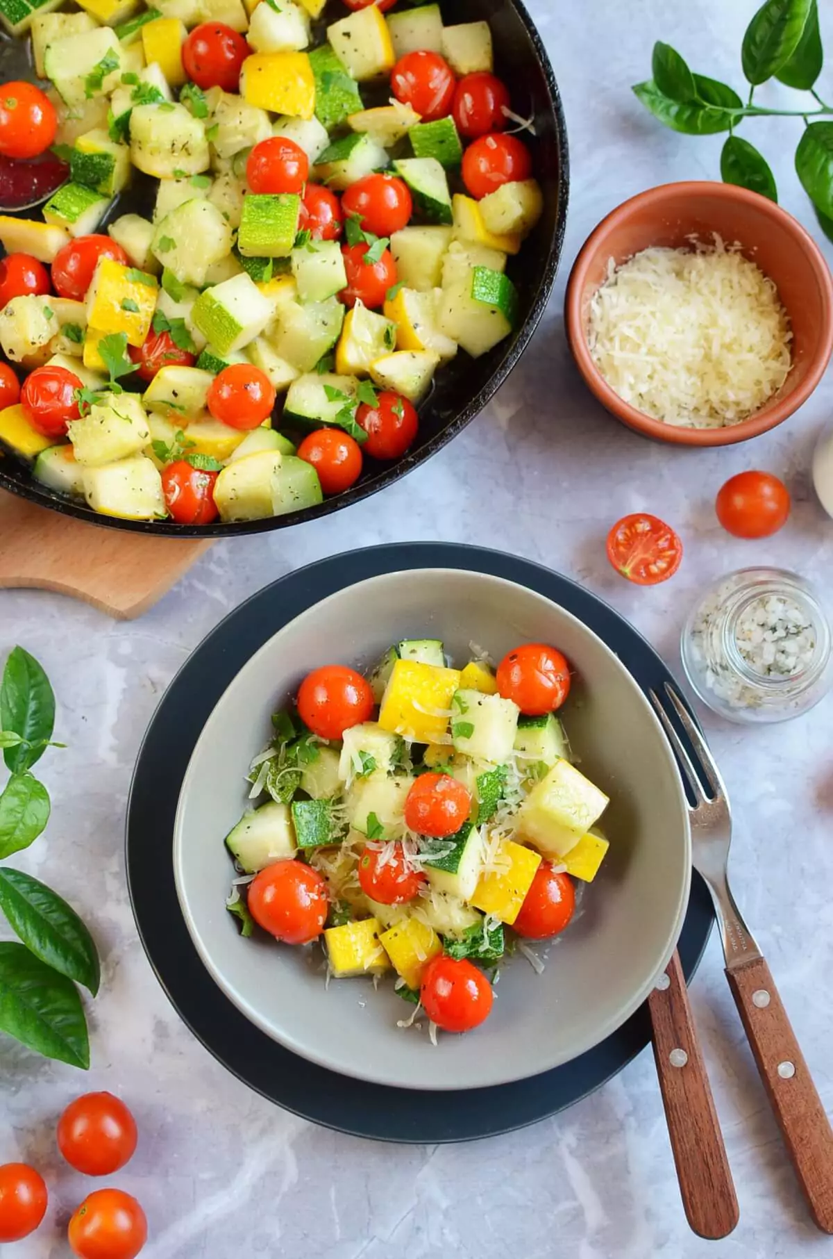 Garlic-Parmesan Zucchini Squash & Tomatoes