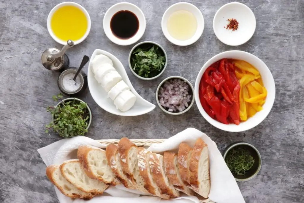 Ingredients for Bruschetta with Roasted Peppers & Goat Cheese