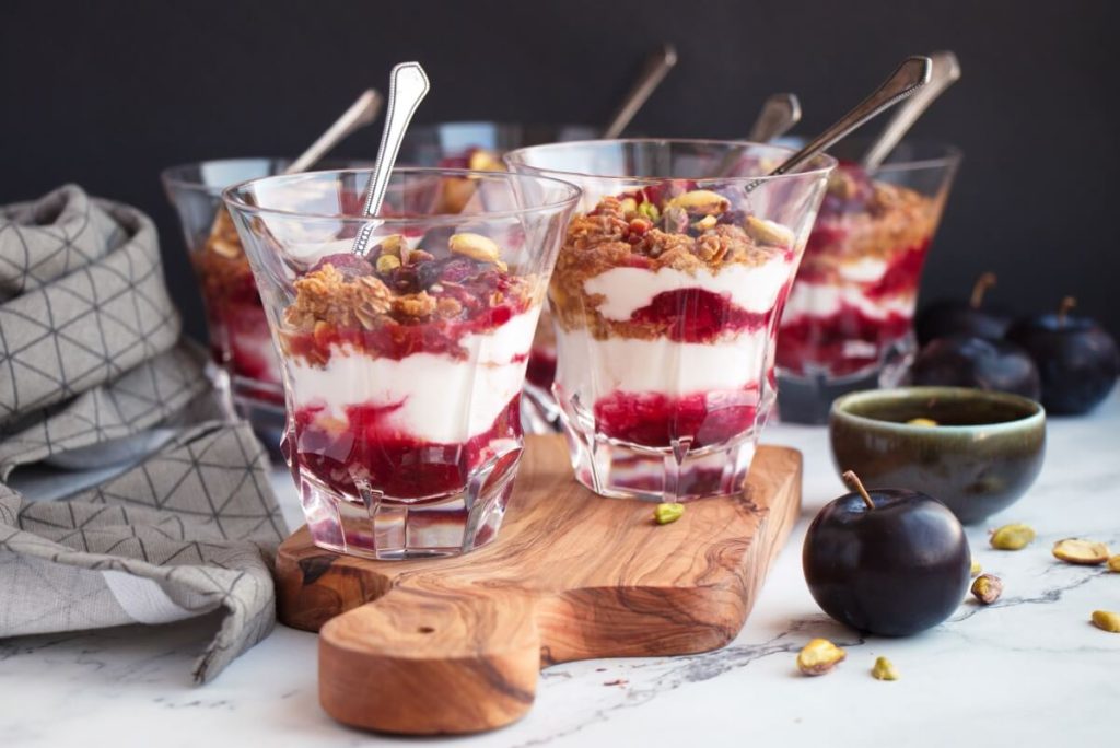 Roasted Plum Breakfast Parfaits Recipe-Roasted Plum Yogurt Parfait-Delicious Plum Parfaits