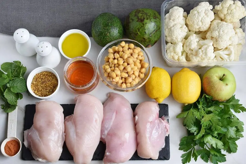 Ingredients for Chickpea Salad with Chicken, Apples, & Avocado