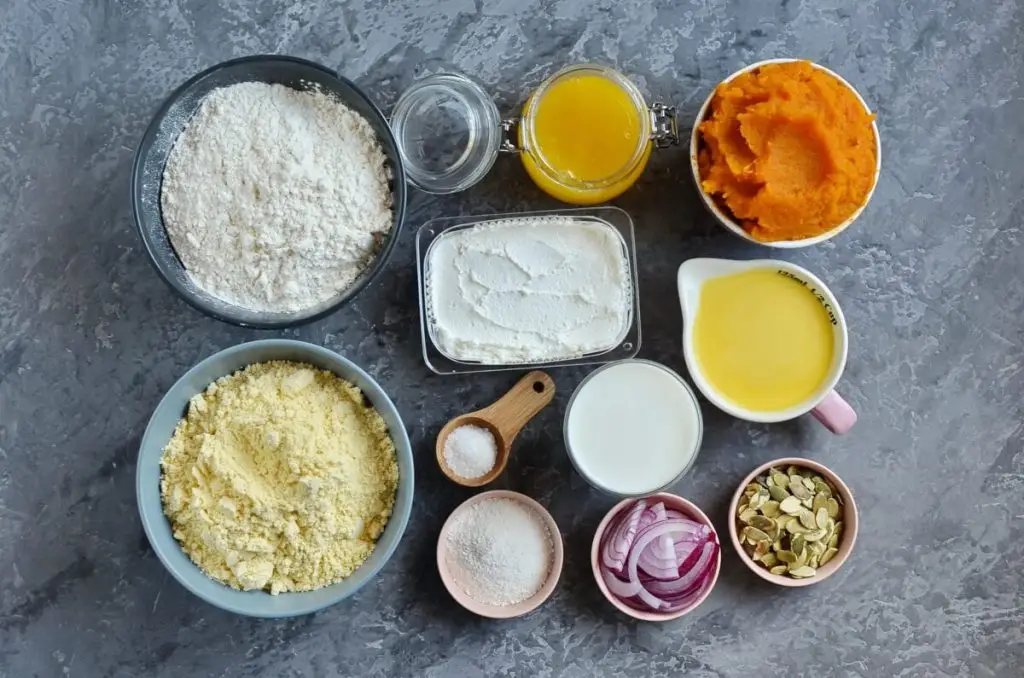 Ingredients for Double Pumpkin Cornbread with Red Onion
