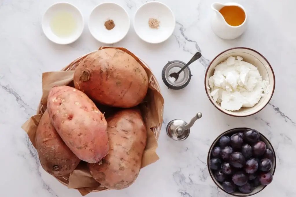 Ingredients for Roasted Grape, Goat Cheese Stuffed Sweet Potatoes