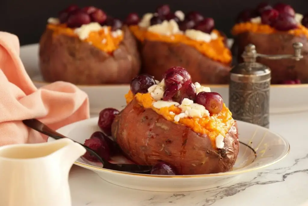 Roasted Grape, Goat Cheese Stuffed Sweet Potatoes