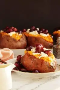 Roasted Grape, Goat Cheese Stuffed Sweet Potatoes