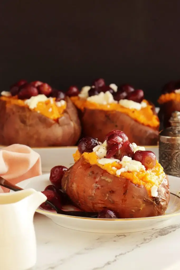 Roasted Grape, Goat Cheese Stuffed Sweet Potatoes