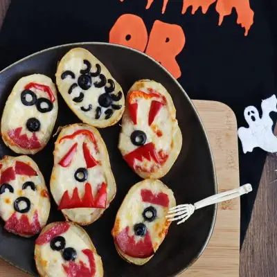 Halloween Baked Potato Skin Pizzas Recipe-Baked Potato Skin Pizzas-Halloween Crustless Gluten Free Pizzas
