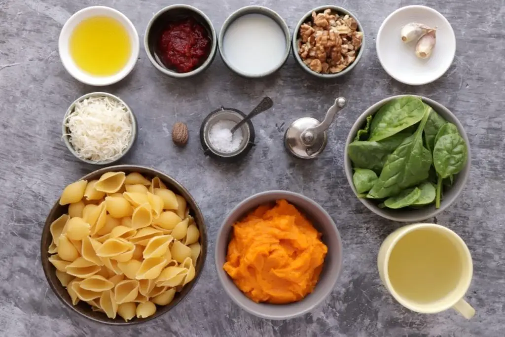Ingredients for Pumpkin Pasta with Toasted Walnuts & Spinach