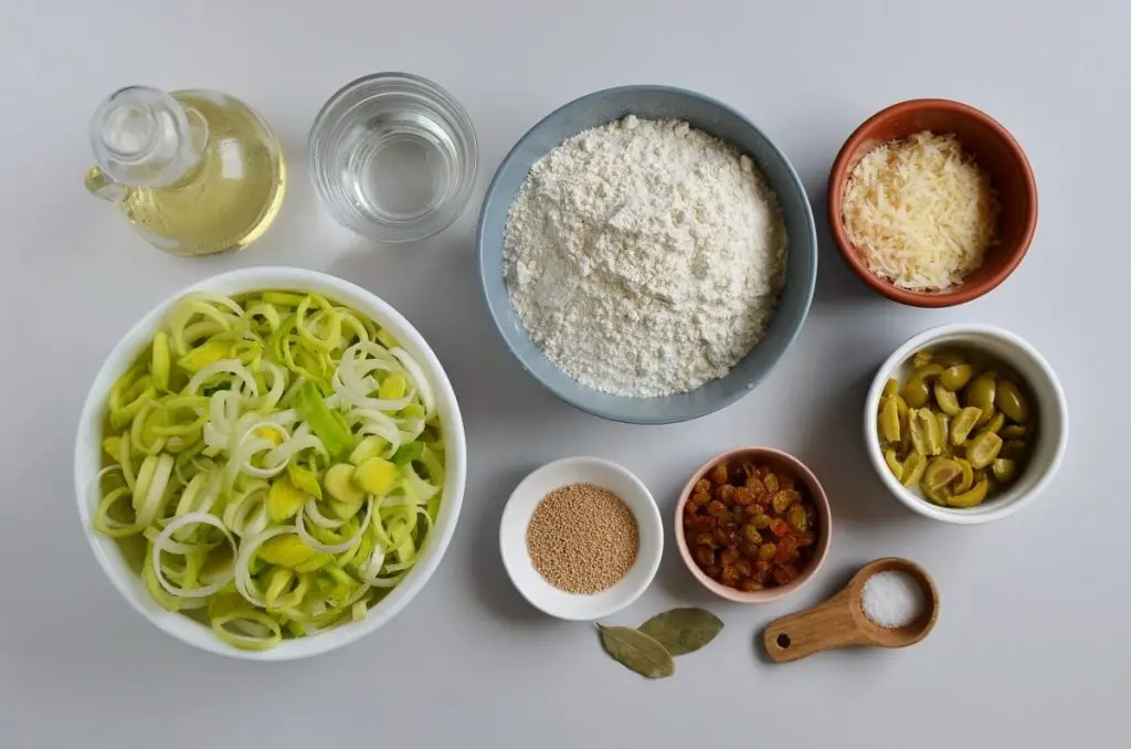 Ingredients for Leek, Green Olive and Sultana Pissaladière