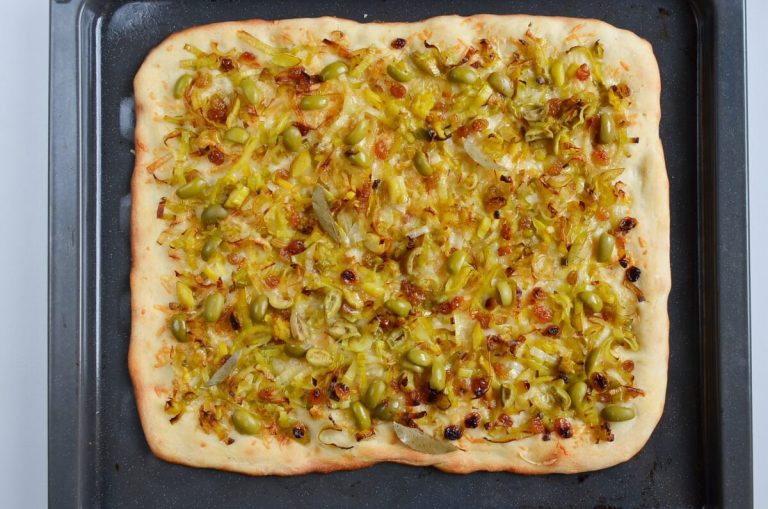 Step 7 - Leek, Green Olive and Sultana Pissaladière