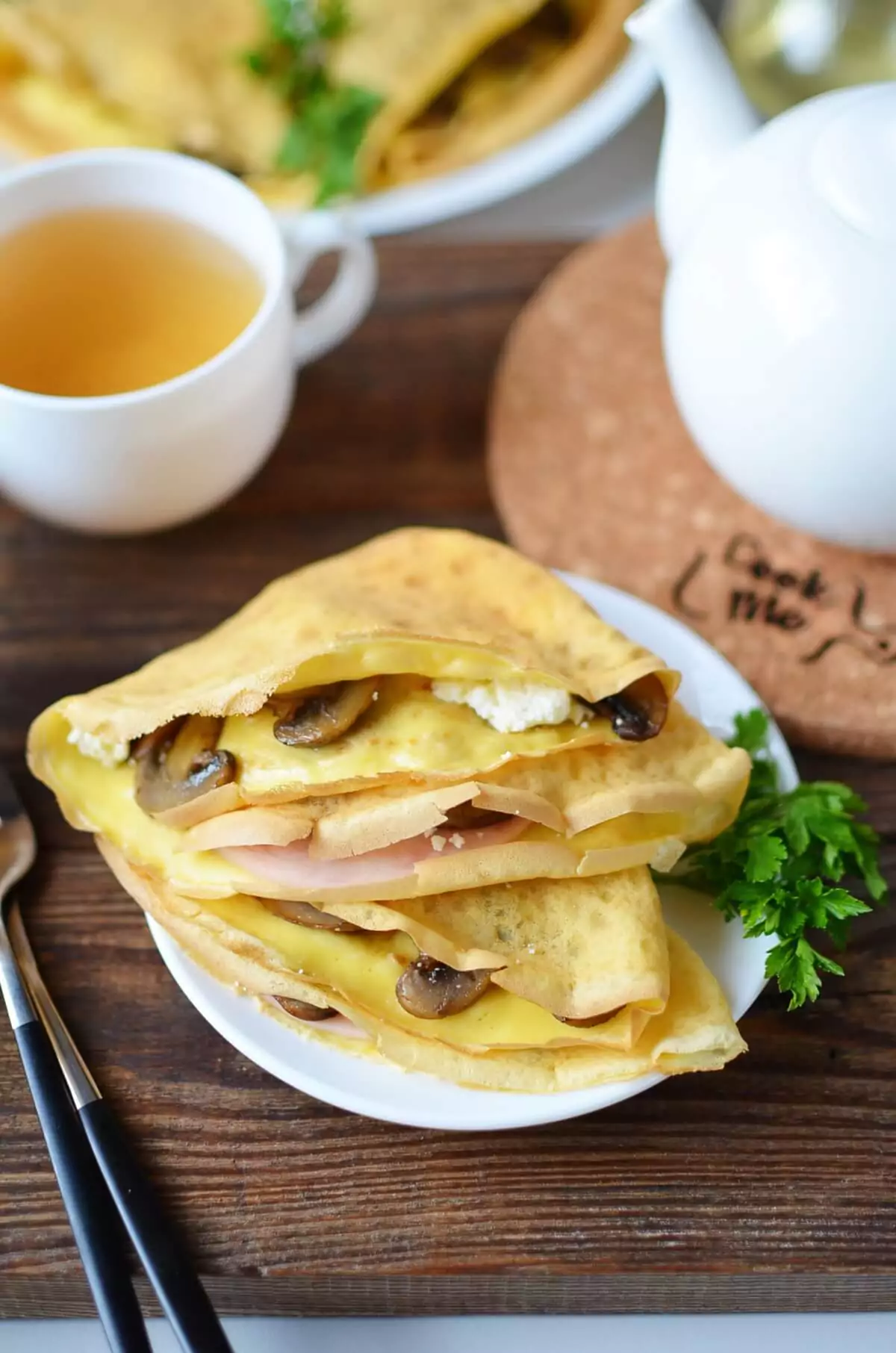 Mushroom Ham and Goat’s Cheese Pancakes