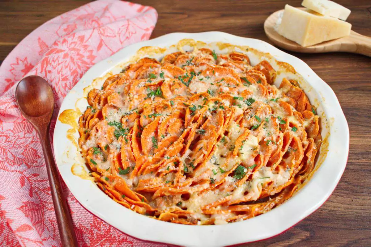 Sweet Potato Gratin recipe-Sweet Potatoes au Gratin Recipe-Sweet Potato Parmesan Gratin