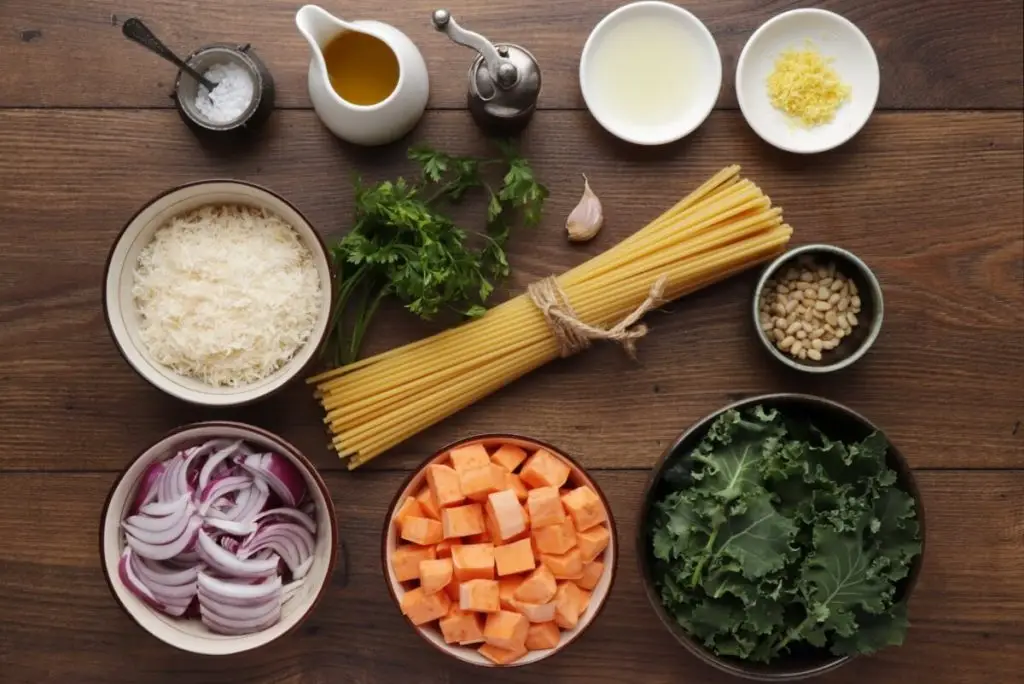 Ingredients for Bucatini with Winter Pesto and Sweet Potatoes