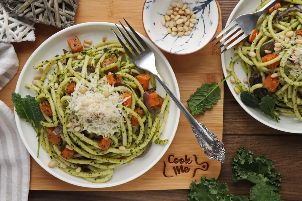 Bucatini with Winter Pesto and Sweet Potatoes