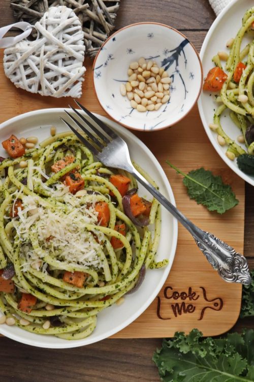 Bucatini with Winter Pesto and Sweet Potatoes