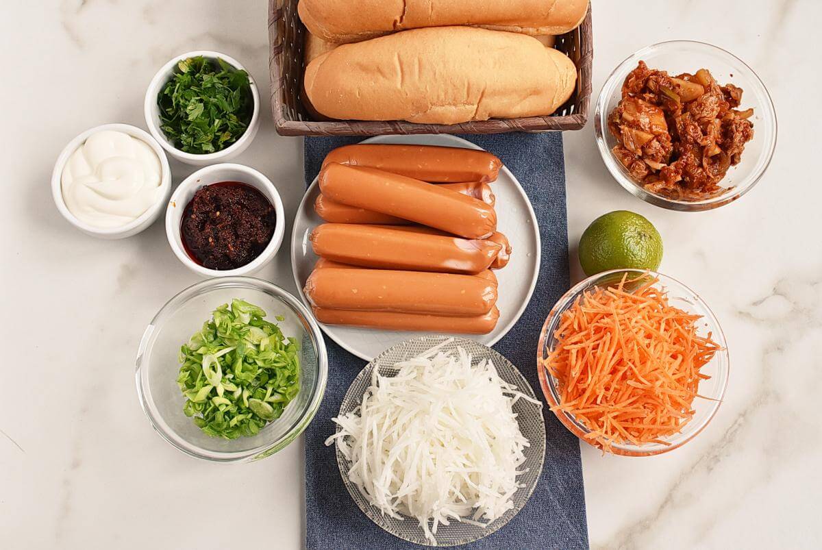 Ingridiens for Hot Dogs with Spicy Kimchi Slaw