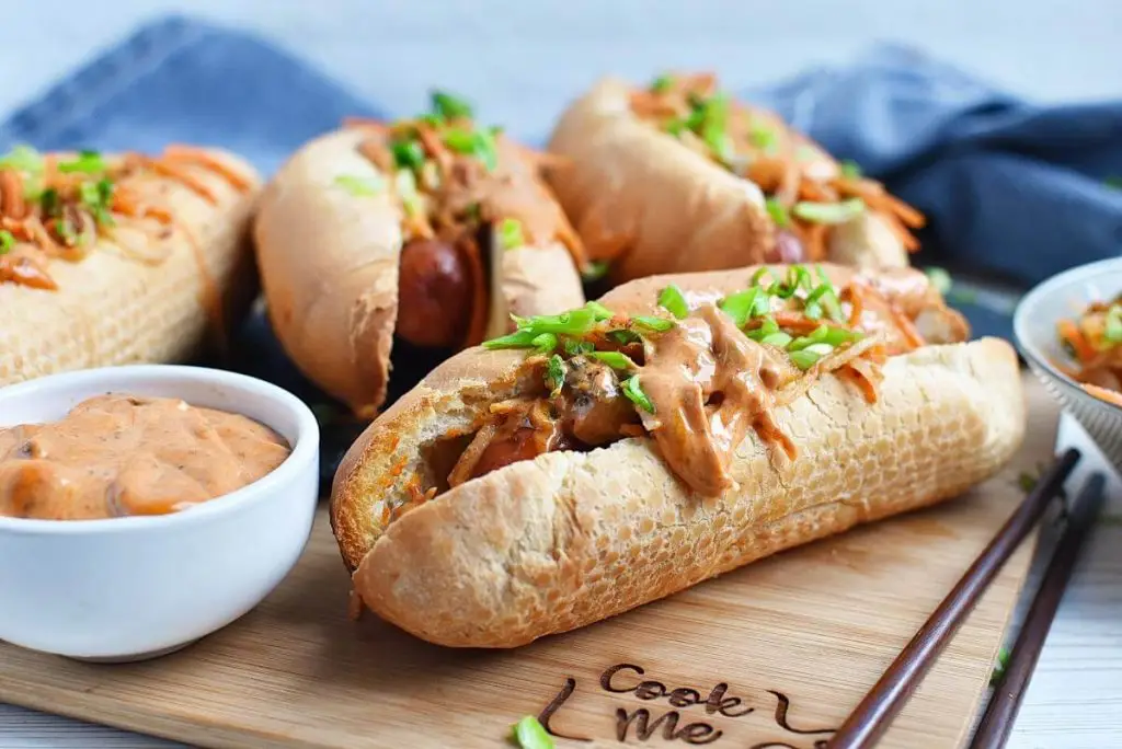 Hot Dogs with Spicy Kimchi Slaw