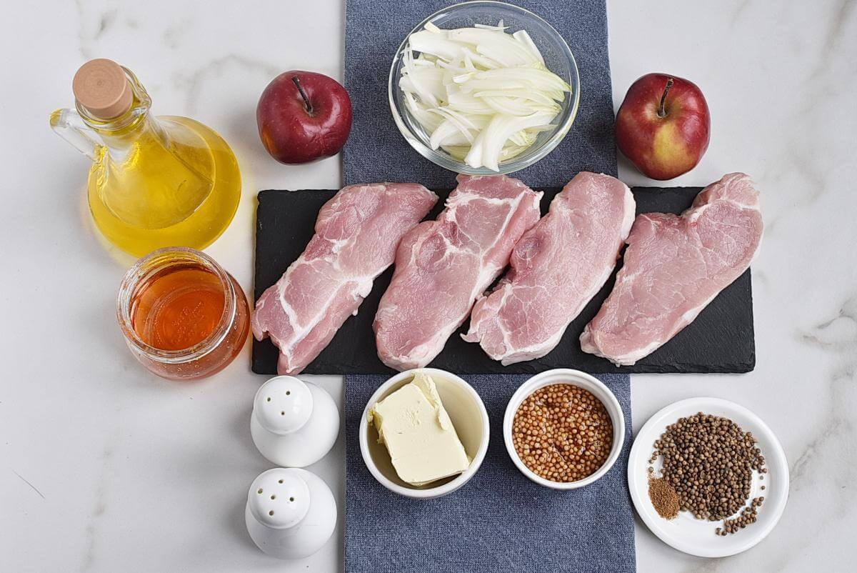 Ingridiens for Pork Chops with Sautéed Apples and Caramelized Onions