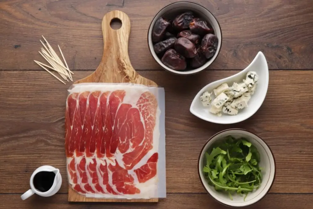 Ingredients for Stilton Stuffed Dates Wrapped in Pancetta