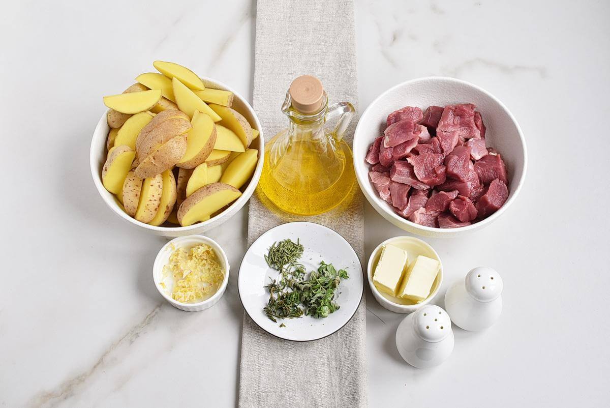 Ingridiens for Garlic Butter Herb Steak Bites with Potatoes