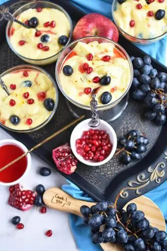 Microwave Eggless Fruit Custard