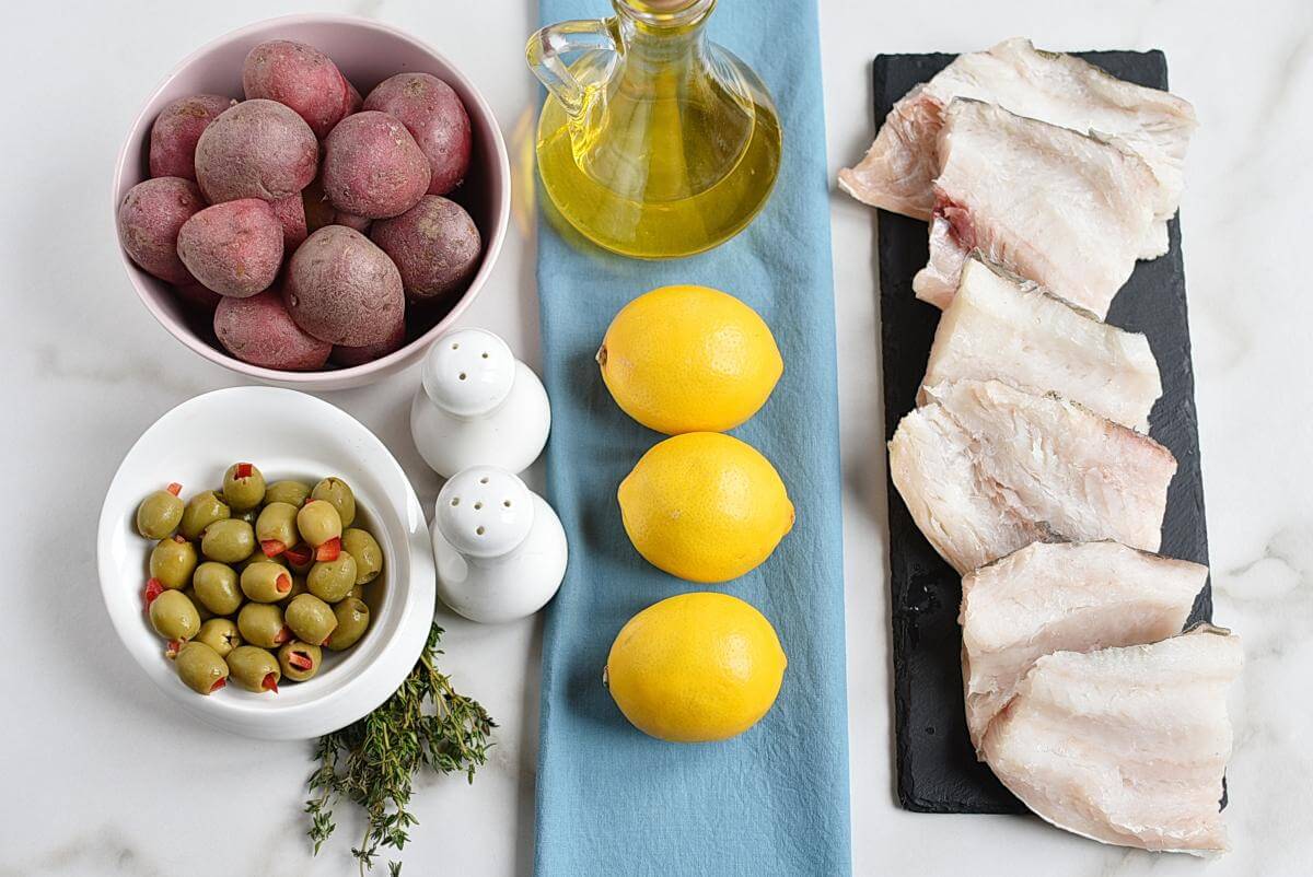 Ingridiens for Roasted Cod with Olives and Lemon