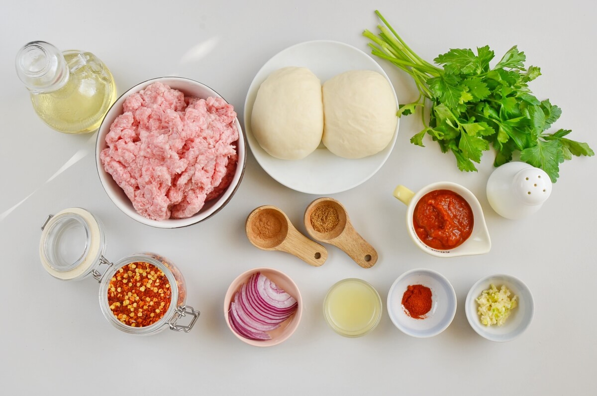 Ingridiens for Spicy Lamb Pizza with Parsley–Red Onion Salad