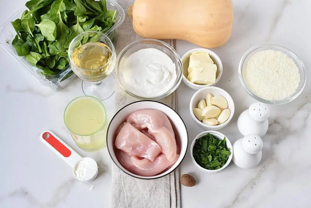 Ingredients for Butternut Squash Alfredo with Chicken & Spinach