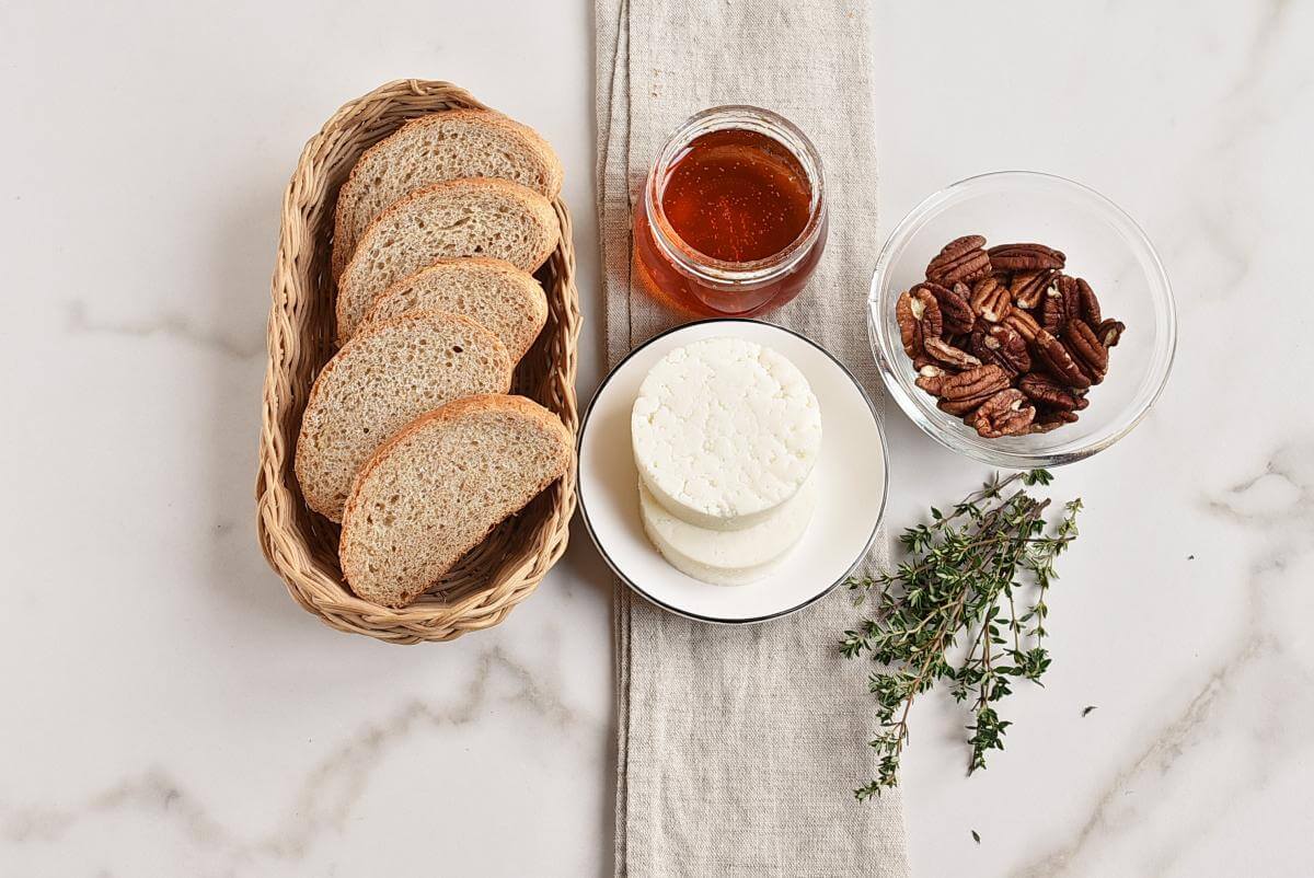Ingridiens for Goat Cheese Crostini with Honey, Pecans and Thyme