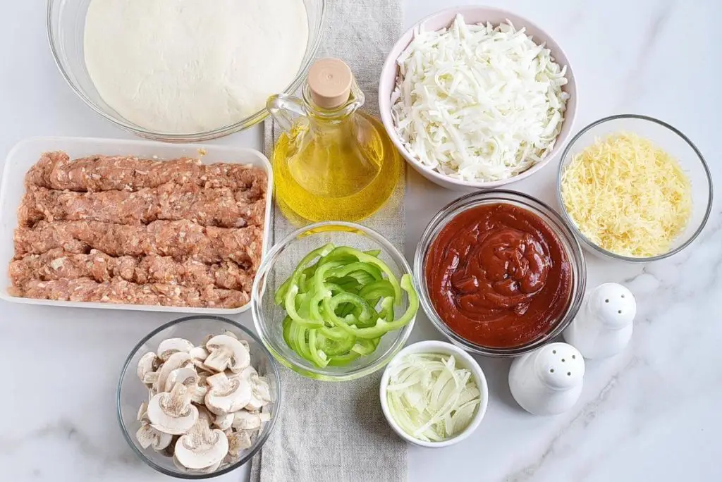 Ingredients for Grandma Pizza with Sausage, Pepper, Onion, and Mozzarella