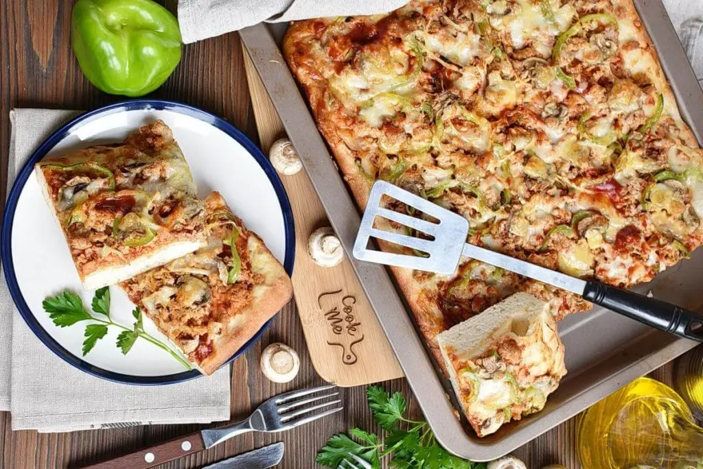 Grandma Pizza with Sausage, Pepper, Onion, and Mozzarella
