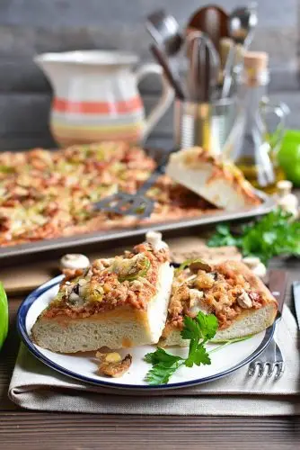 Grandma Pizza with Sausage, Pepper, Onion, and Mozzarella