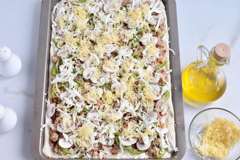 Step 8 - Grandma Pizza with Sausage, Pepper, Onion, and Mozzarella