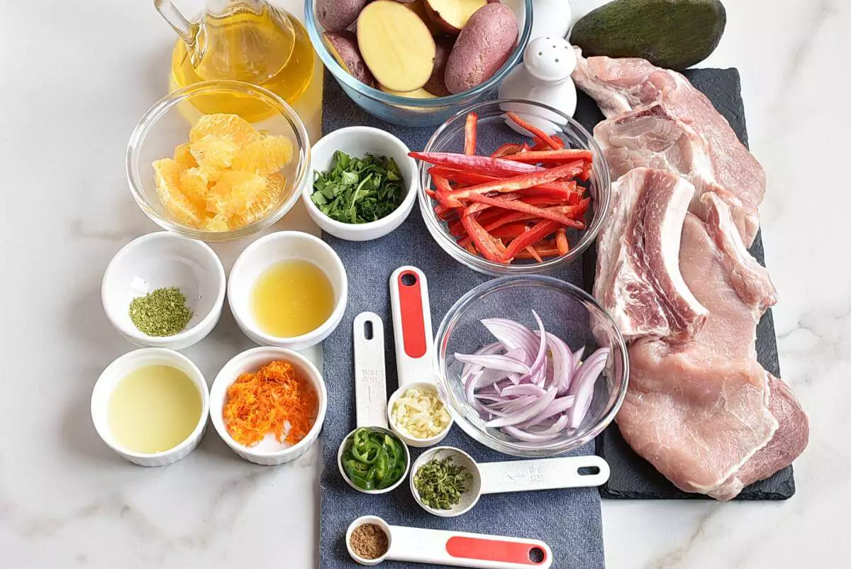 Ingridiens for Pork Chops with Orange-Avocado Salsa