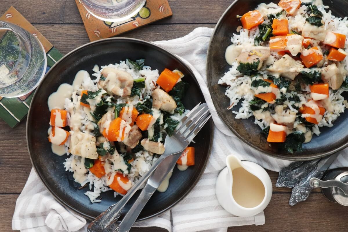 Tahini-Dressed Chicken with Squash and Kale Recipe-How to Make Tahini Dressed Chicken With Squash and Kale-Chicken with Butternut Squash and Kale